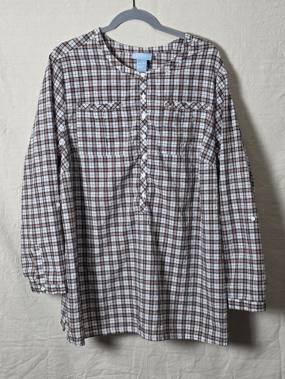 Liz & Me Brown, White & Black Plaid Tunic Blouse